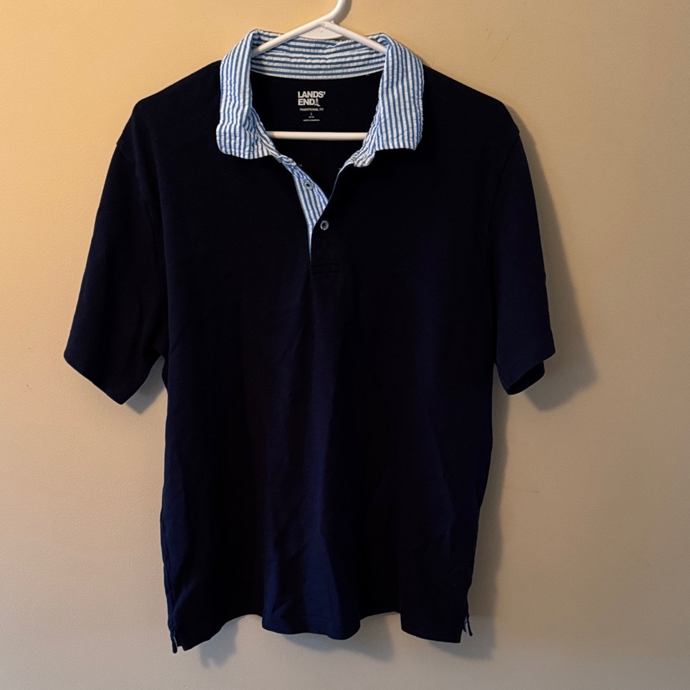 Lands' End Men's Navy Polo with Striped Collar